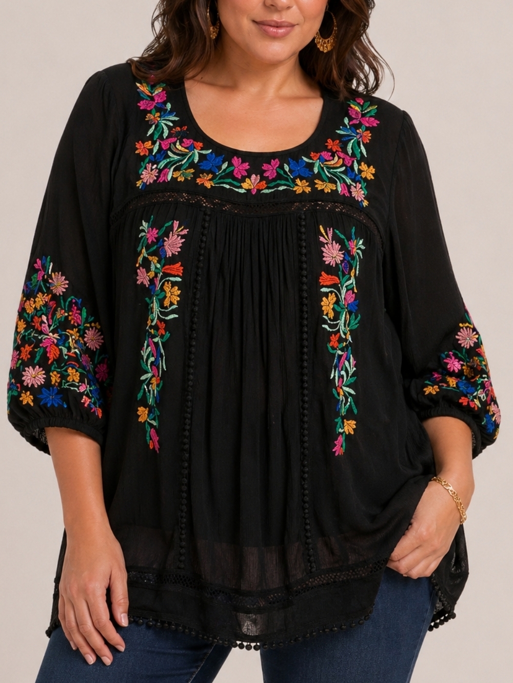 Roaman's Black Embroidered Floral Blouse